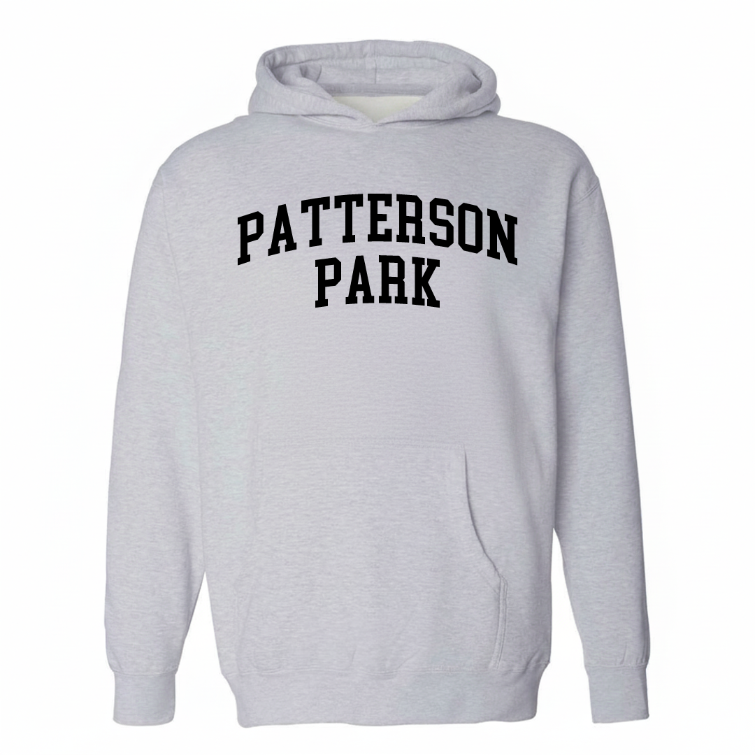 Heather-gray hoodie with the Patterson Park varsity arched lettering design on the chest.