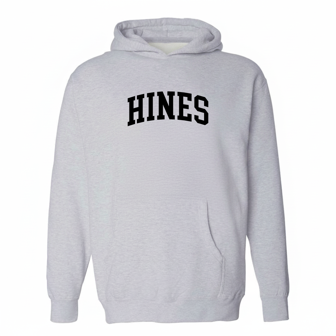 Heather-gray hoodie with the Hines arched varsity lettering design on the chest.