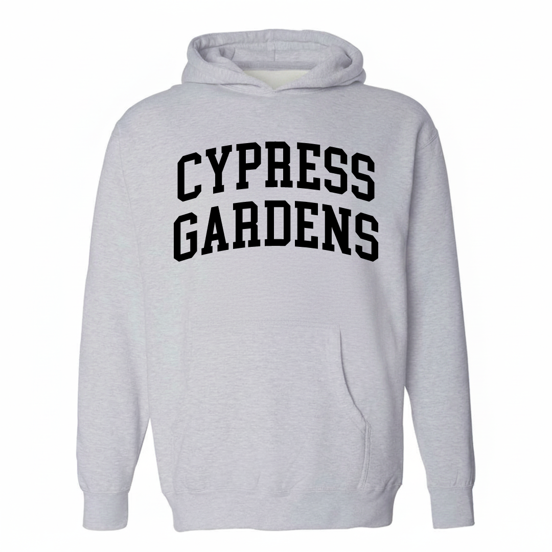 Heather-gray hoodie with the Cypress Gardens varsity arched lettering design on the chest.
