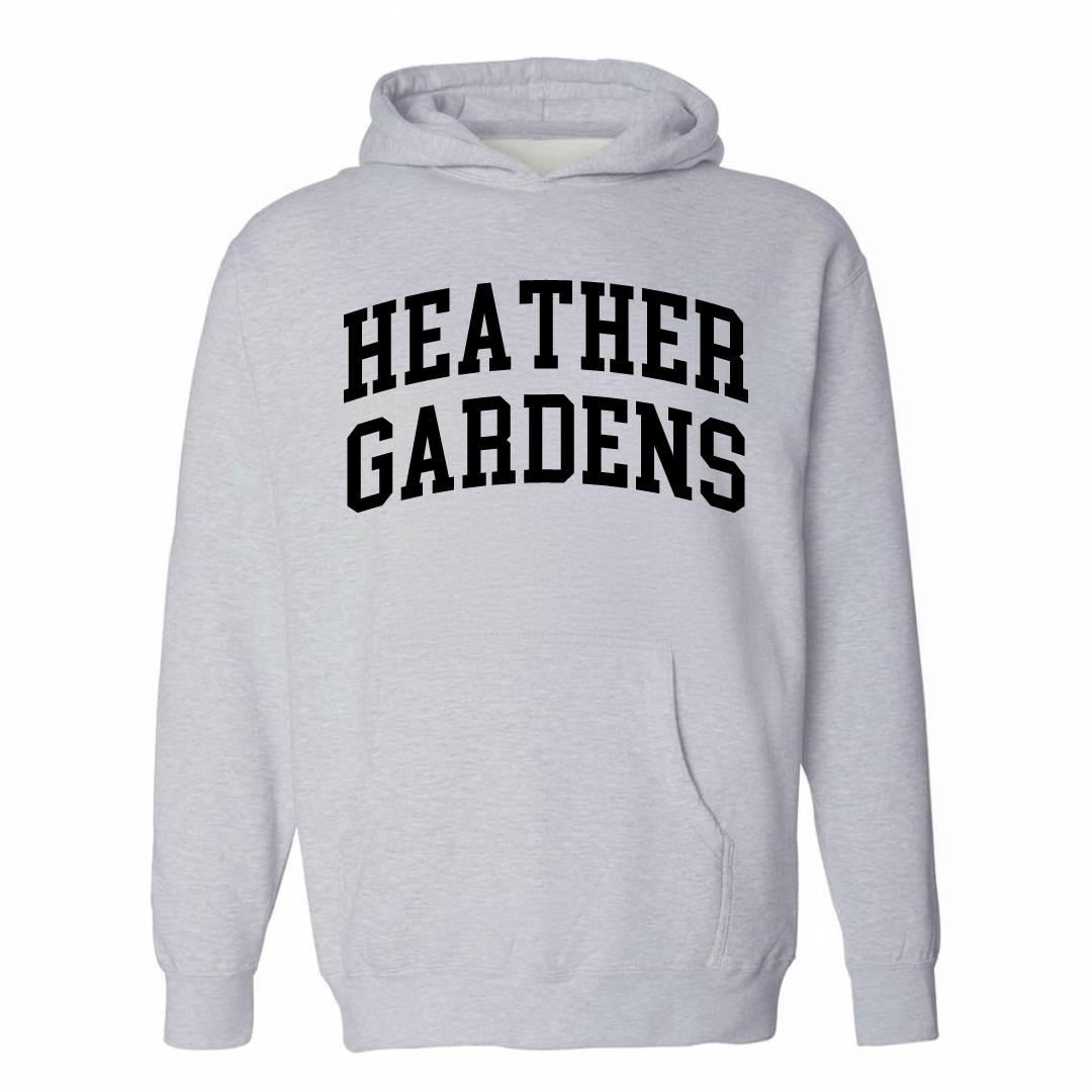Heather-gray hoodie with the Heather Gardens arched lettering varsity-collegiate design on the chest.
