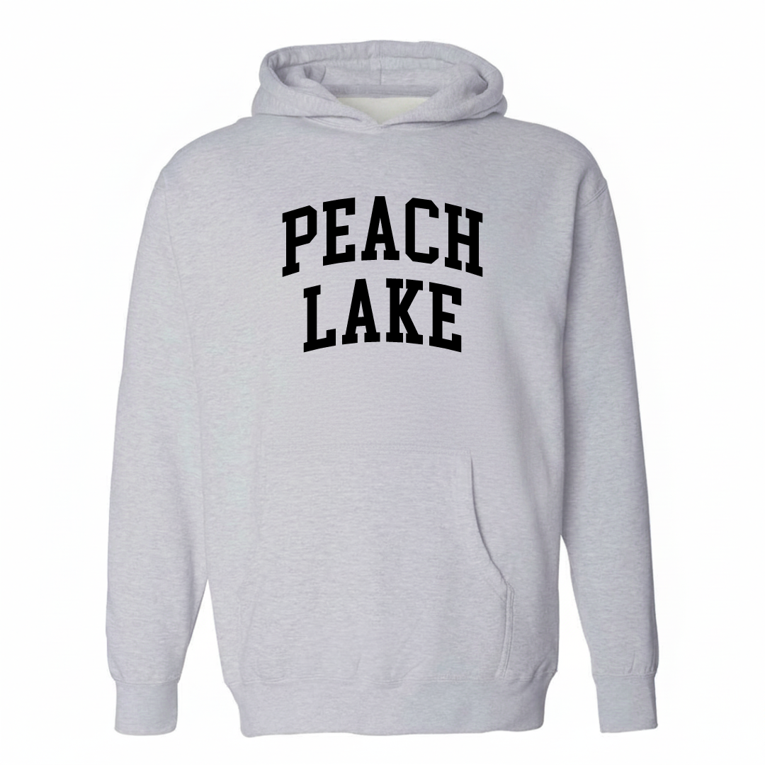 Heather-gray hoodie with the Peach Lake varsity arched lettering design on the chest.