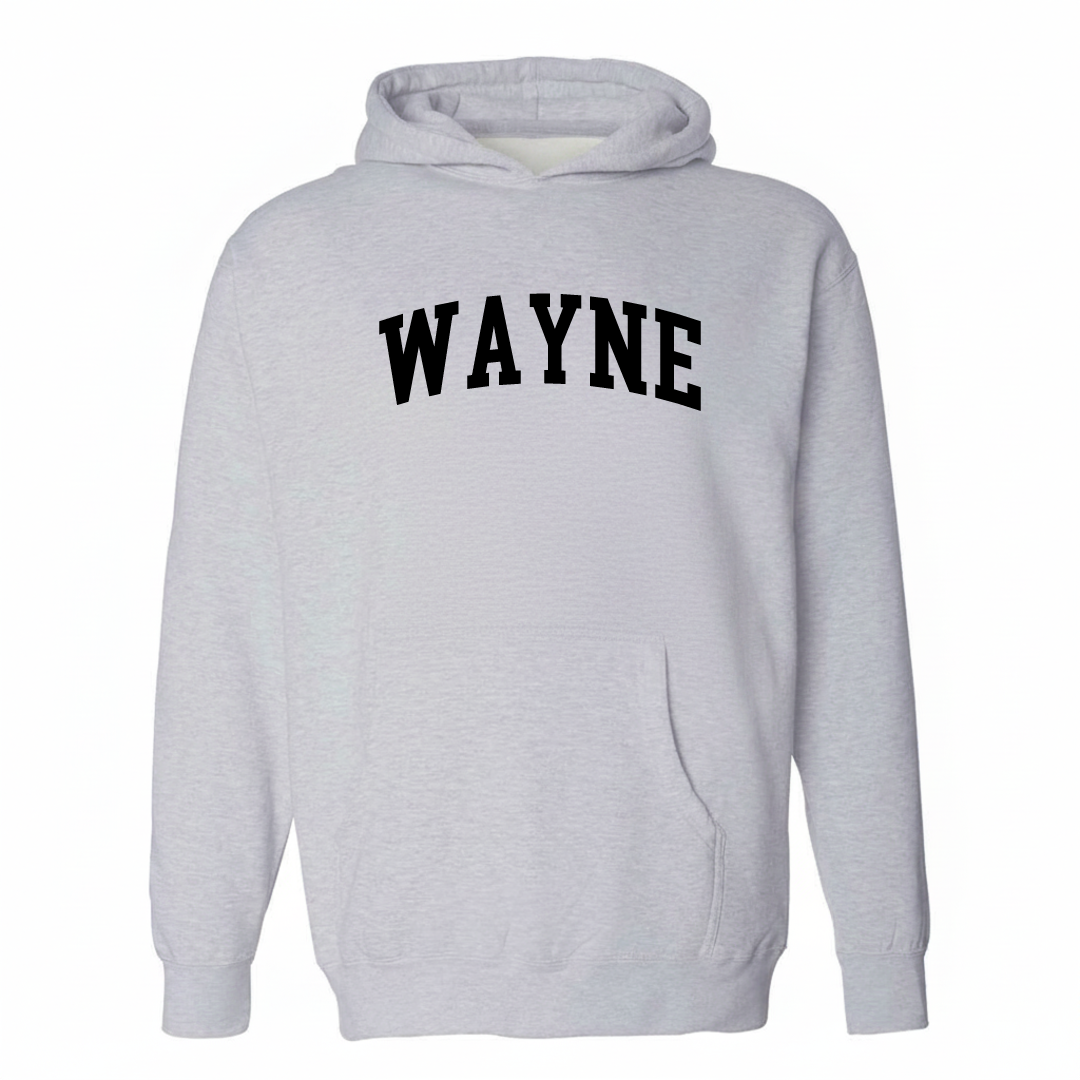 Heather-gray hoodie with the Wayne arched lettering varsity-collegiate design on the chest.