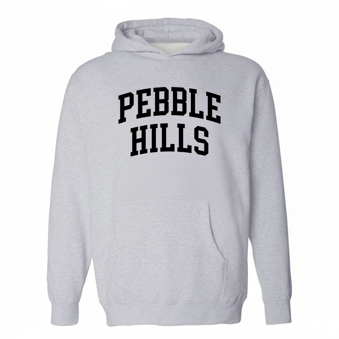 Heather-gray hoodie with the Pebble Hills varsity arched lettering design on the chest.