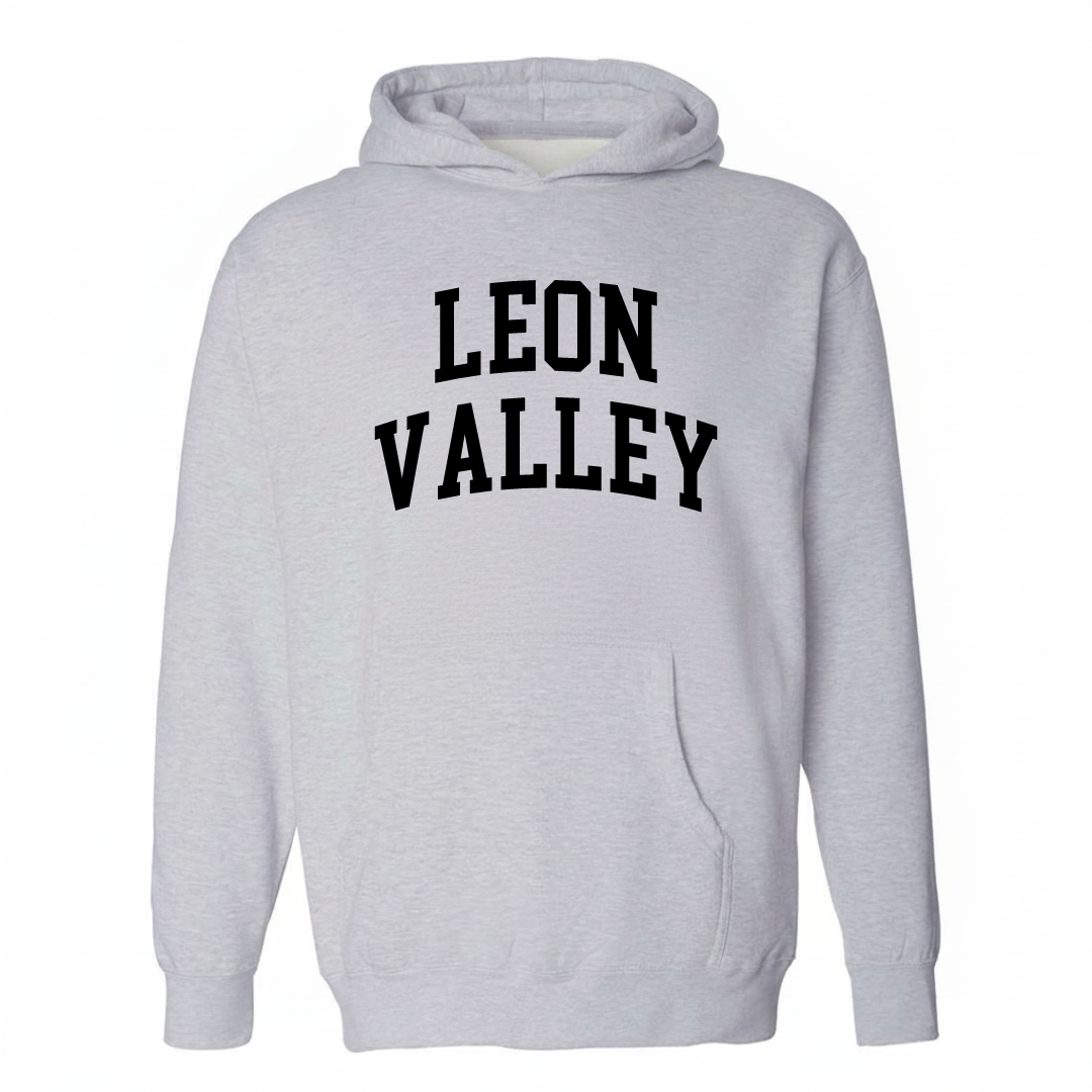 Heather-gray hoodie with the Leon Valley varsity arched lettering design on the chest.