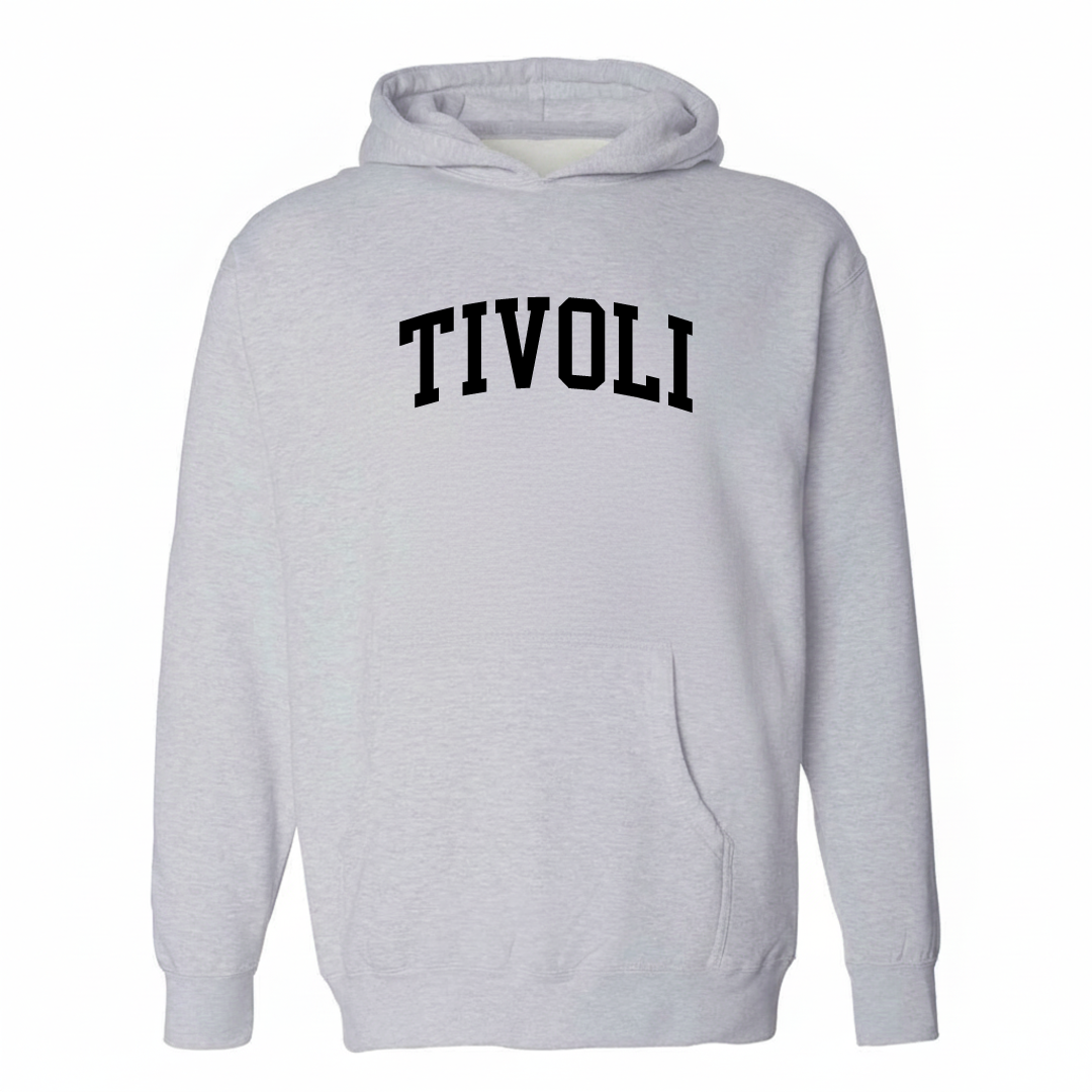 Heather-gray hoodie with the Tivoli varsity arched lettering design on the chest.