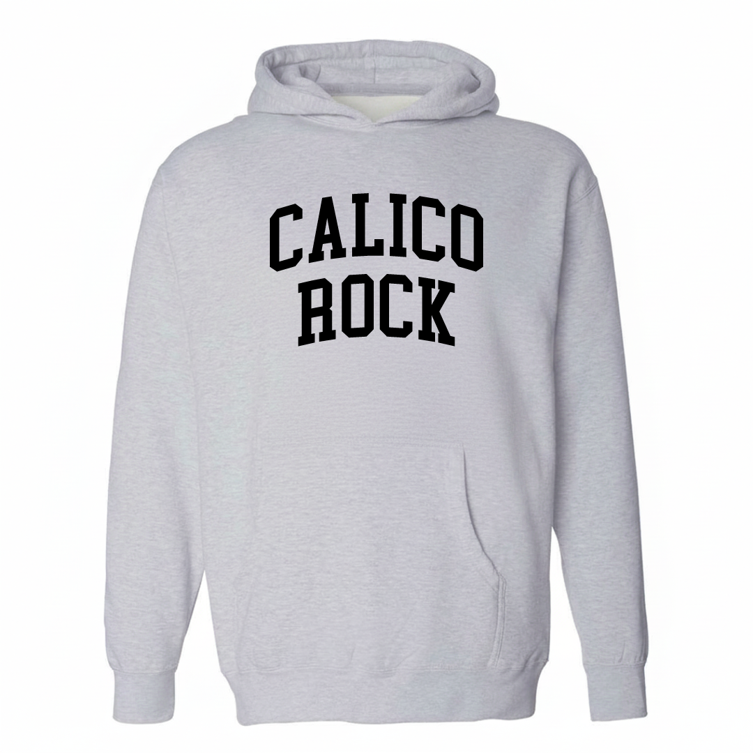 Heather-gray hoodie with the Calico Rock arched lettering design on the chest.