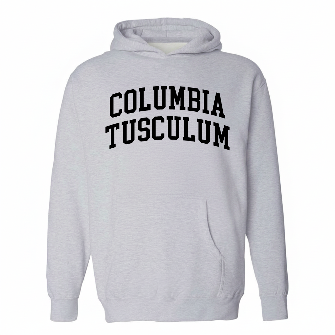 Heather-gray hoodie with the Columbia-Tusculum varsity arched lettering design on the chest.