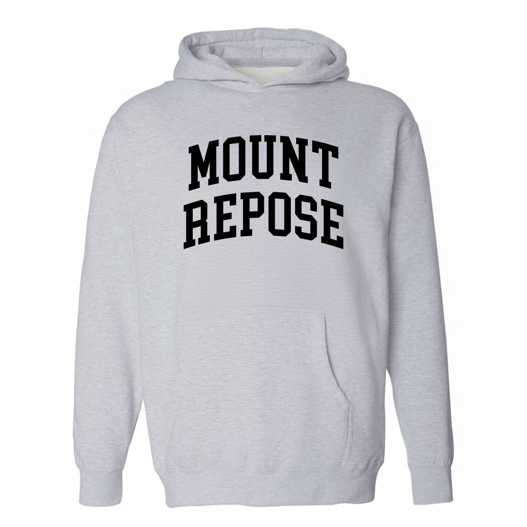 Heather-gray hoodie with the Mount Repose varsity arched lettering design on the chest.