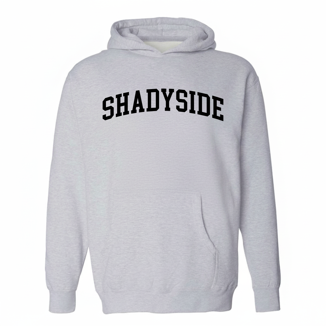 Heather-gray hoodie with the Shadyside varsity arched lettering design on the chest.