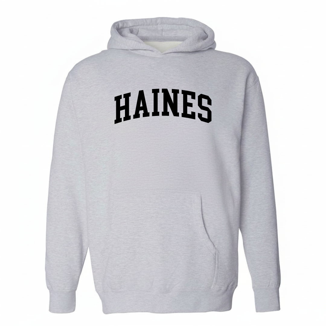 Heather-gray hoodie with the Haines arched varsity lettering design on the chest.