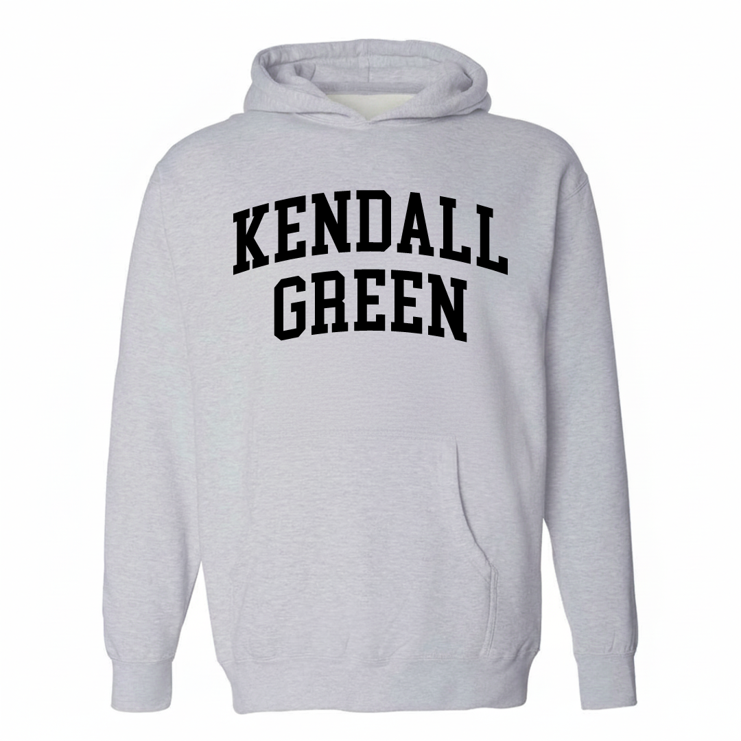 Heather-gray hoodie with the Kendall Green varsity arched lettering design on the chest.