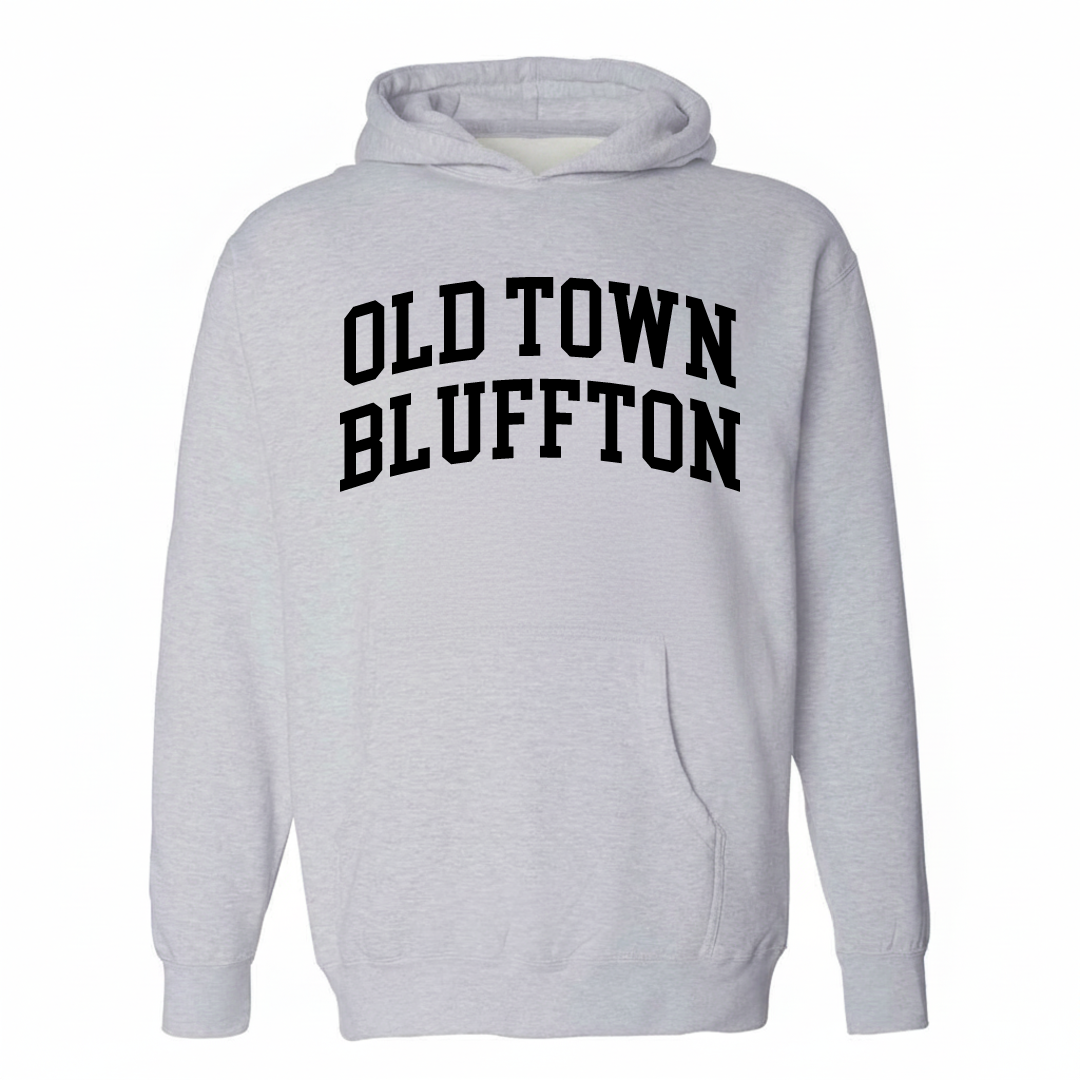 Heather-gray hoodie with the Old Town Bluffton varsity arched lettering design on the chest.