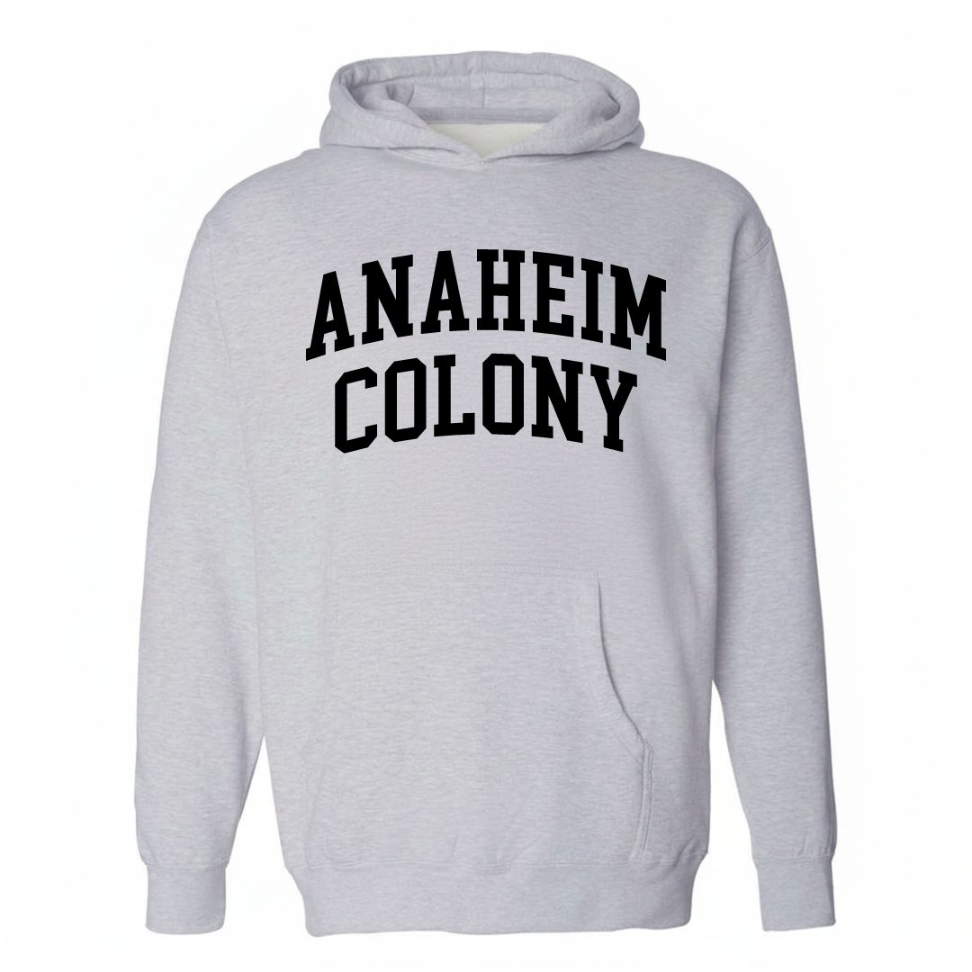 Heather-gray hoodie with the Anaheim Colony varsity arched lettering design on the chest.