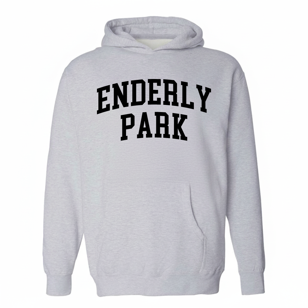 Heather-gray hoodie with the Enderly Park varsity arched lettering design on the chest.