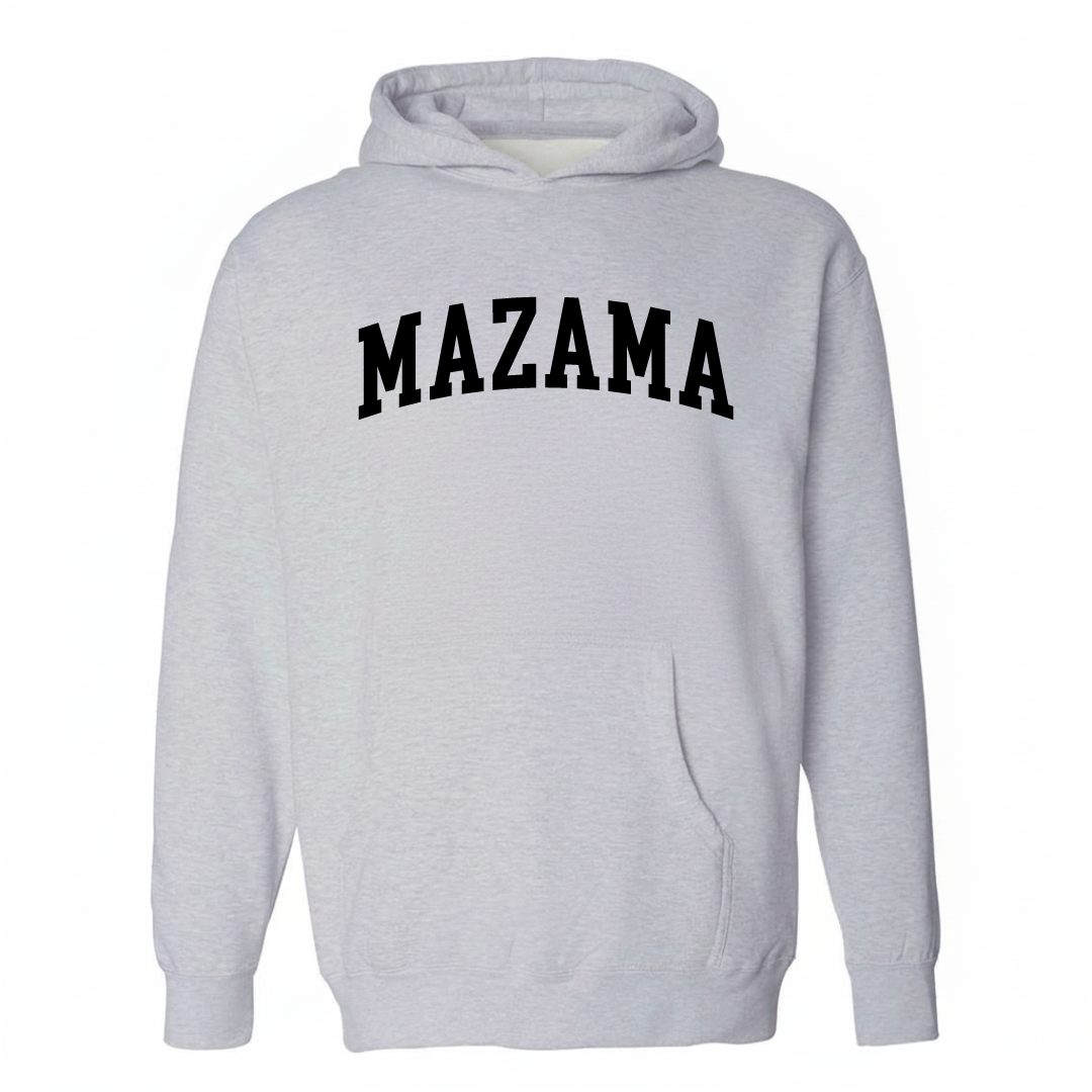 Heather-gray hoodie with the Mazama arched varsity lettering design on the chest.