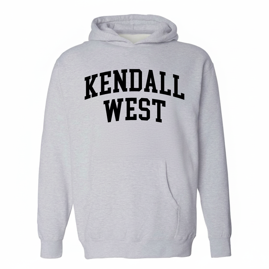 Heather-gray hoodie with the Kendall West varsity arched lettering design on the chest.
