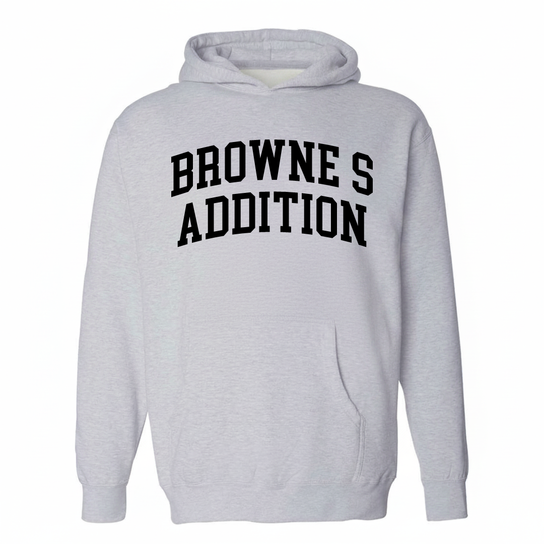 Heather-gray hoodie with the Browne's Addition varsity arched lettering design on the chest.