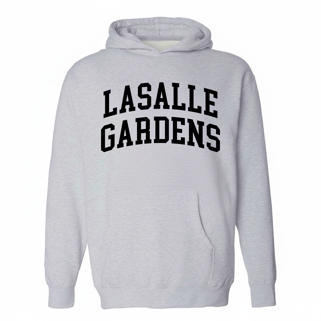Heather-gray hoodie with the LaSalle Gardens varsity arched lettering design on the chest.