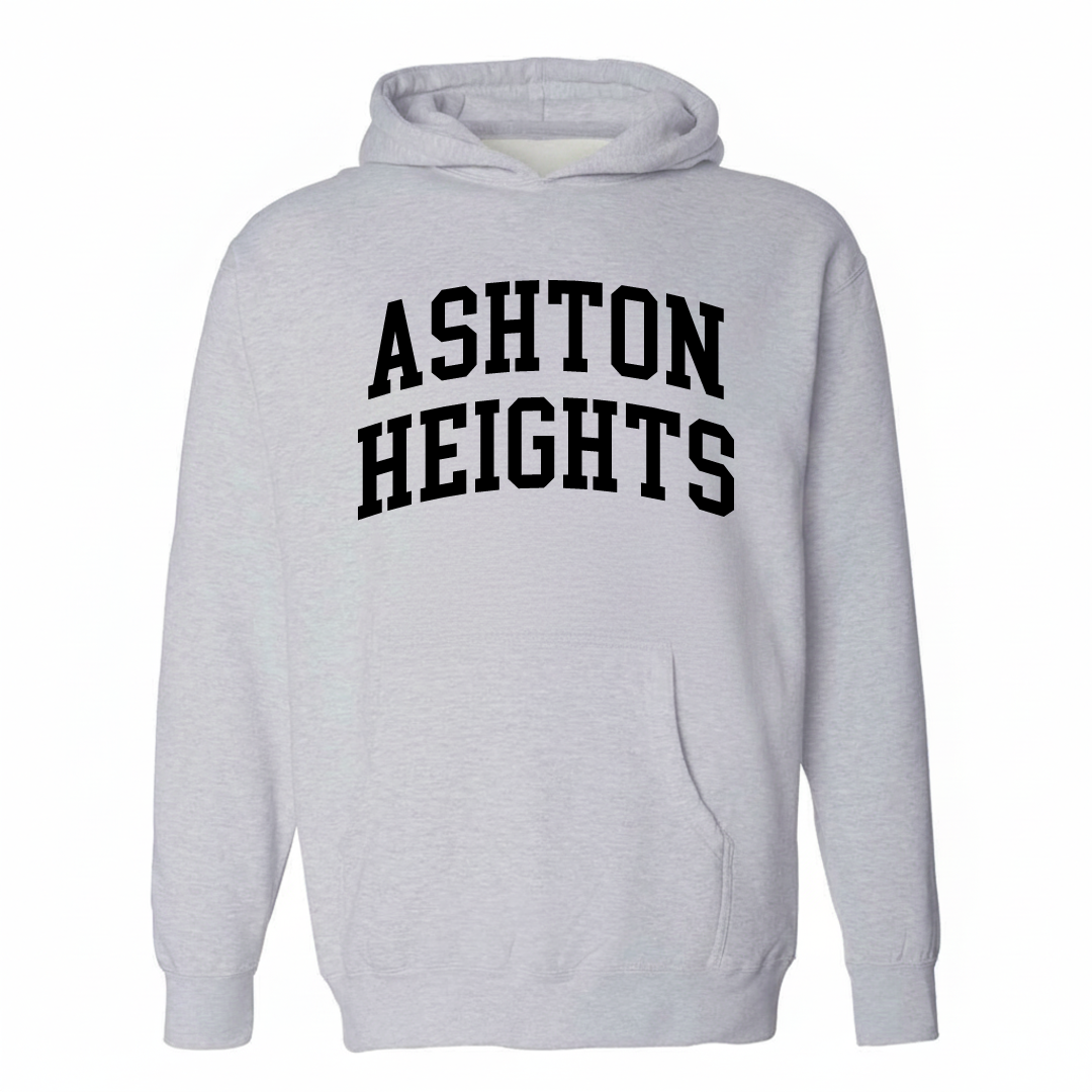 Heather-gray hoodie with the Ashton Heights arched lettering design on the chest.