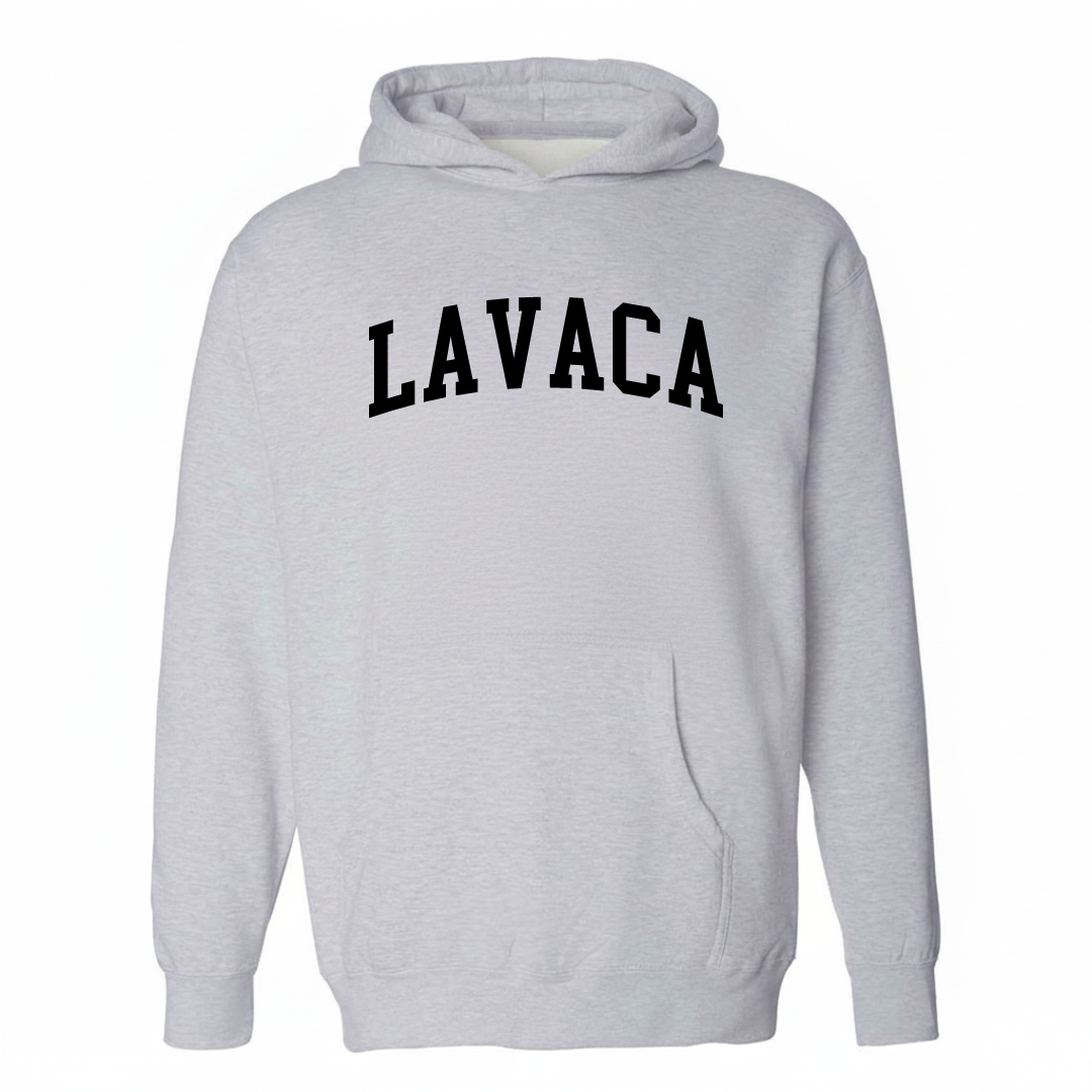 Heather-gray hoodie with the Lavaca arched lettering varsity-collegiate design on the chest.