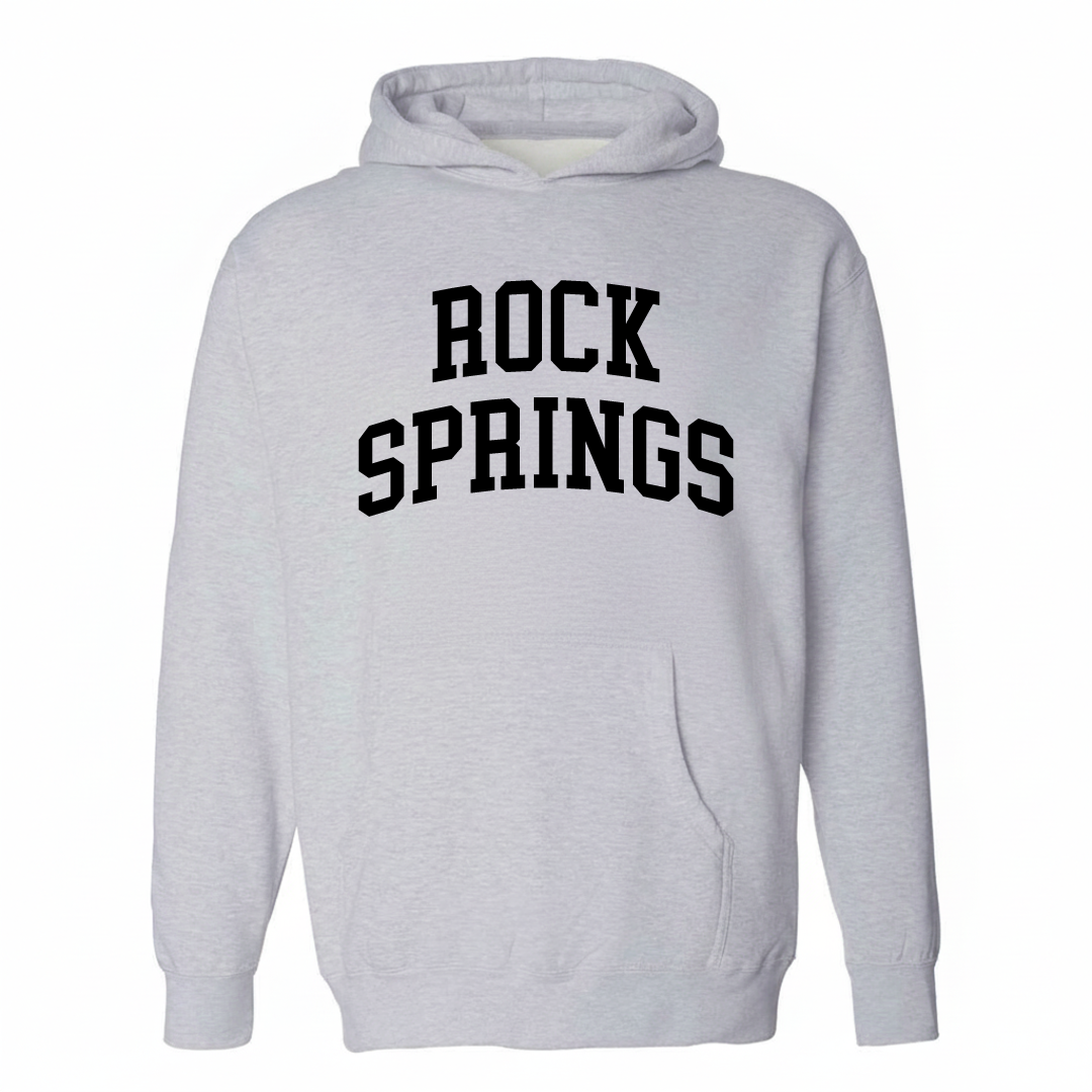 Heather-gray hoodie with the Rock Springs varsity arched lettering design on the chest.