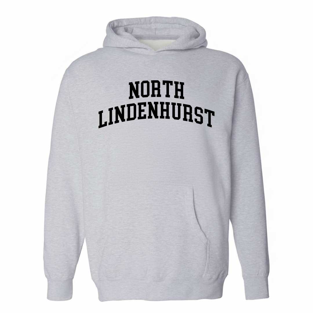 Heather-gray hoodie with the North Lindenhurst varsity arched lettering design on the chest.