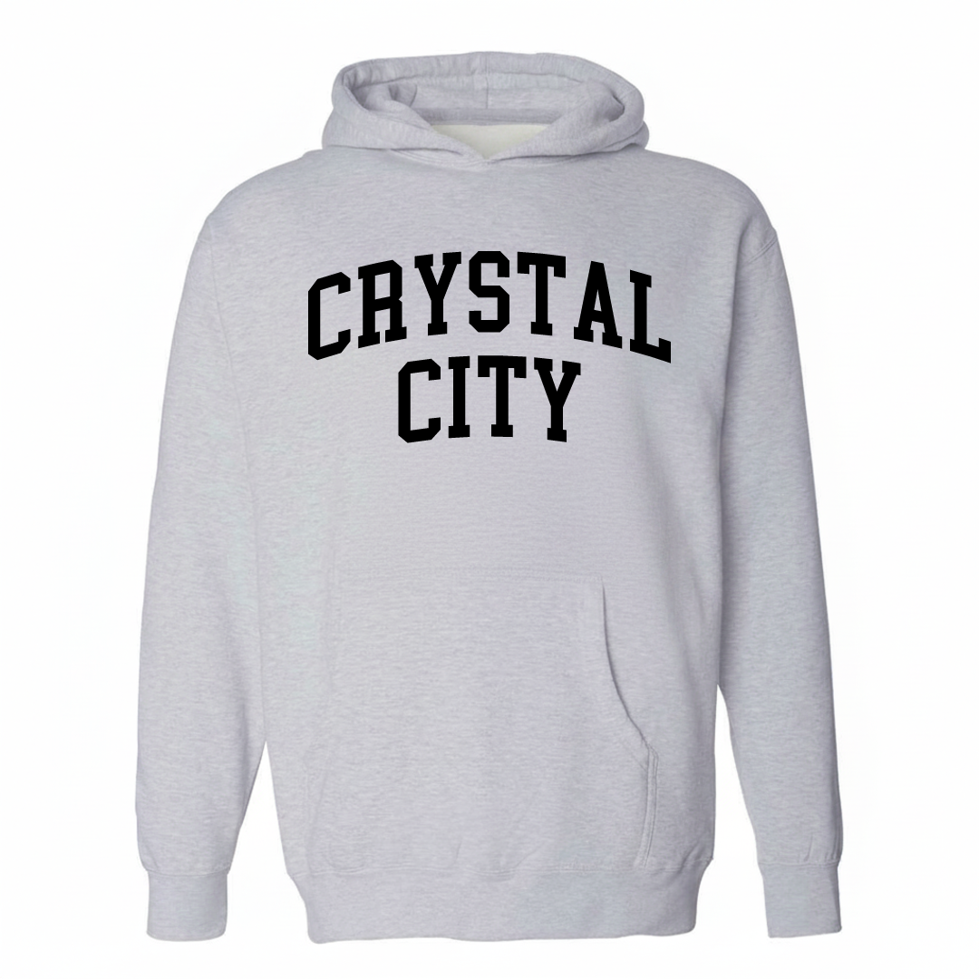 Heather-gray hoodie with the Crystal City varsity arched lettering design on the chest.