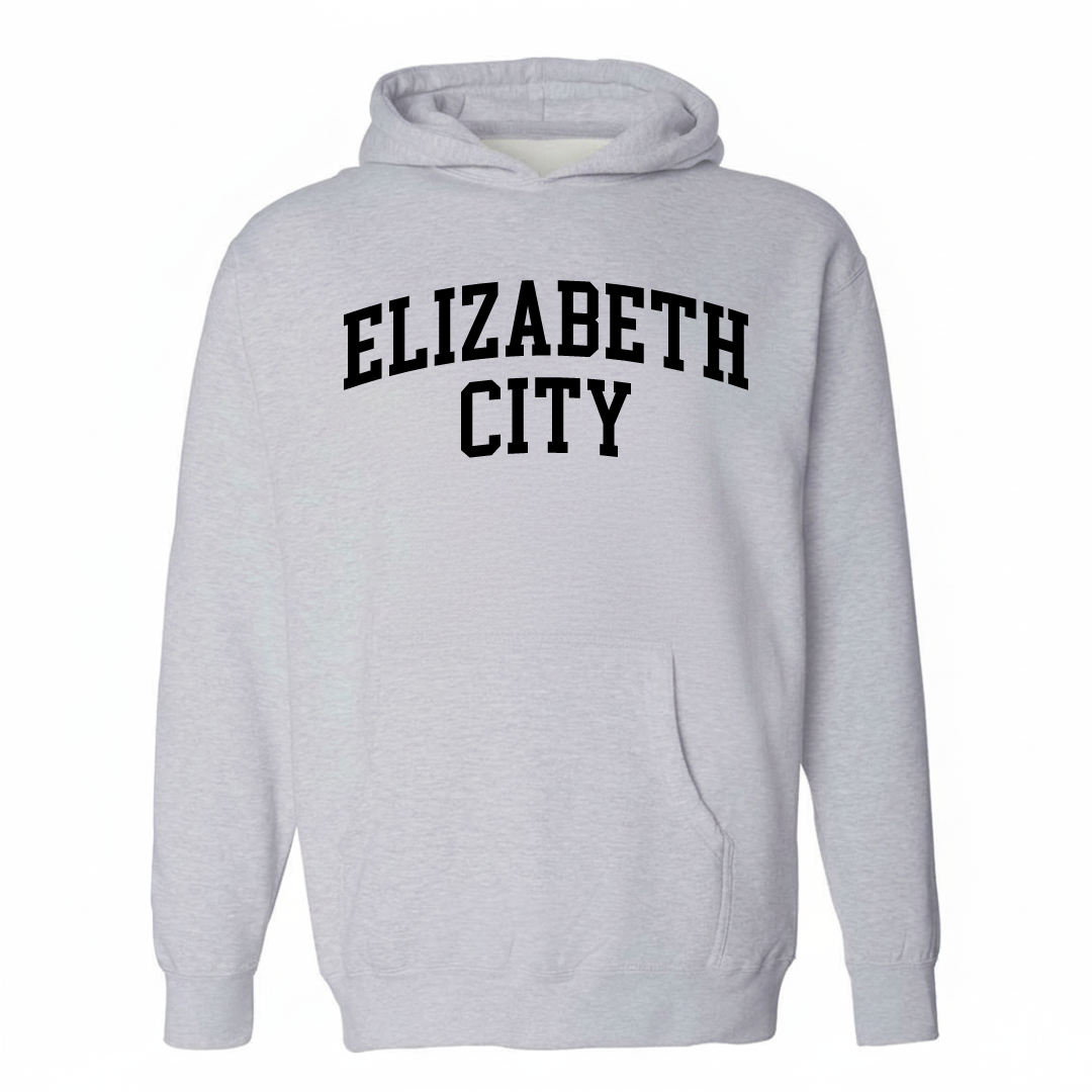 Heather-gray hoodie with the Elizabeth City varsity arched lettering design on the chest.