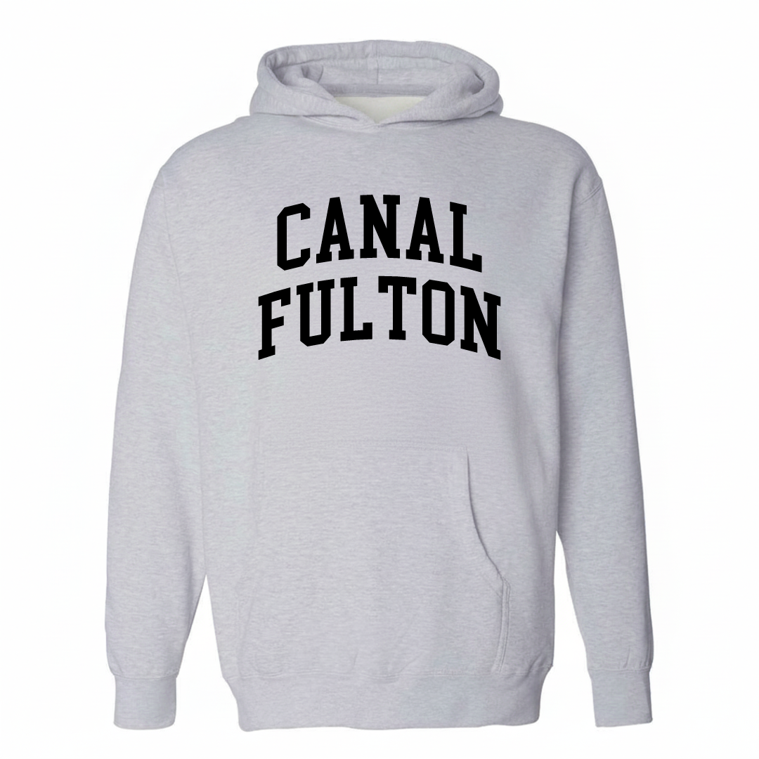 Heather-gray hoodie with the Canal Fulton varsity arched lettering design on the chest.