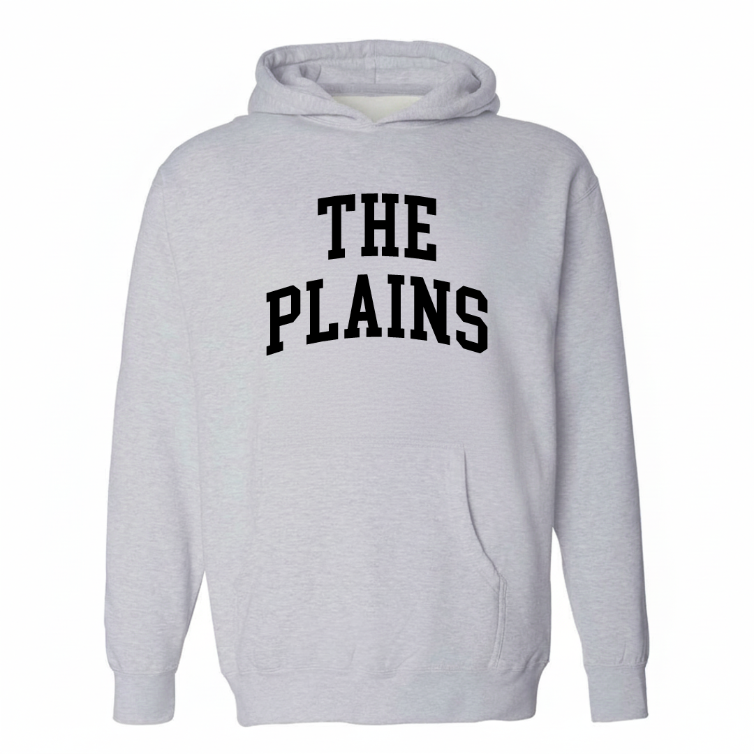 Heather-gray hoodie with The Plains varsity arched lettering design on the chest.