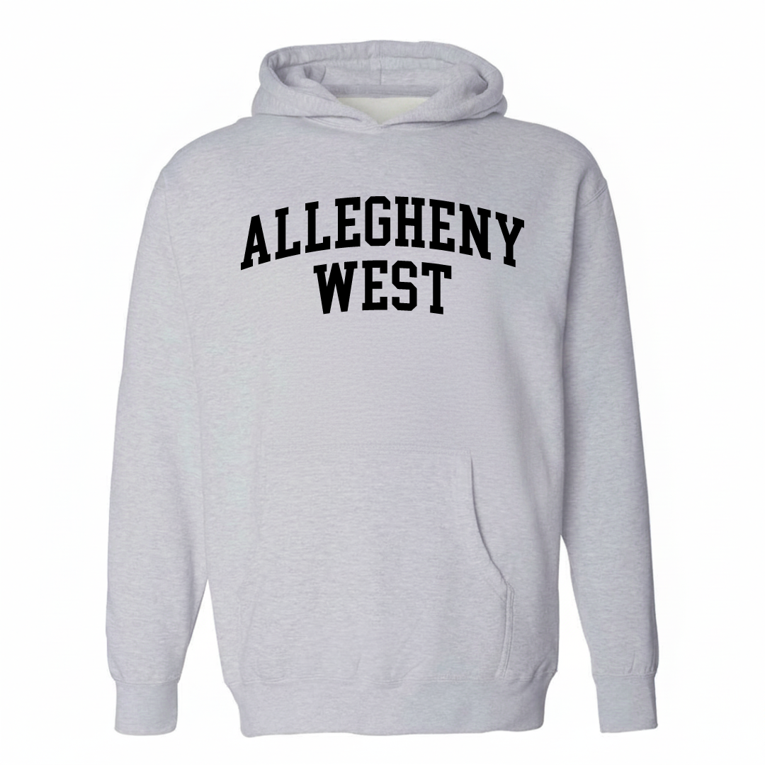 Heather-gray hoodie with the Allegheny West varsity arched lettering design on the chest.
