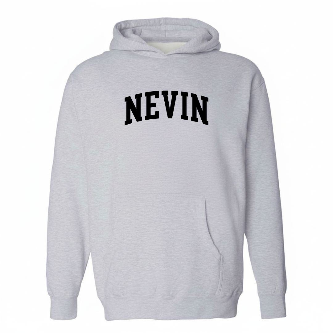 Heather-gray hoodie with the Nevin arched varsity lettering design on the chest.