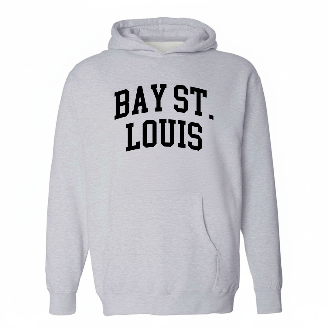 Heather-gray hoodie with the Bay St. Louis arched varsity lettering design on the chest.