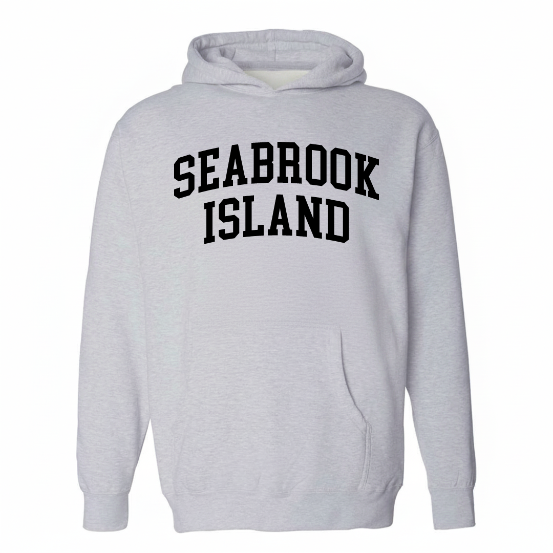 Heather-gray hoodie with the Seabrook Island varsity arched lettering design on the chest.