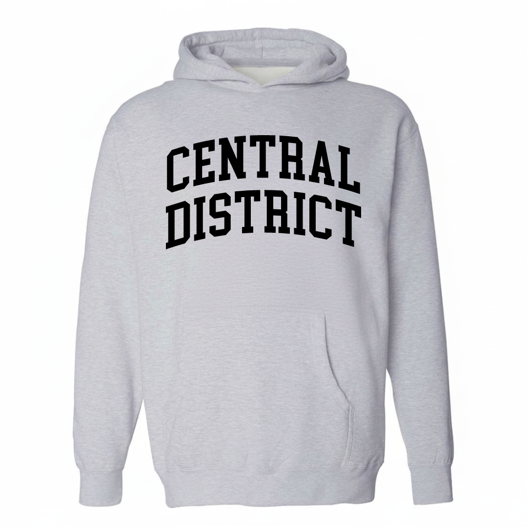 Heather-gray hoodie with the Central District varsity arched lettering design on the chest.