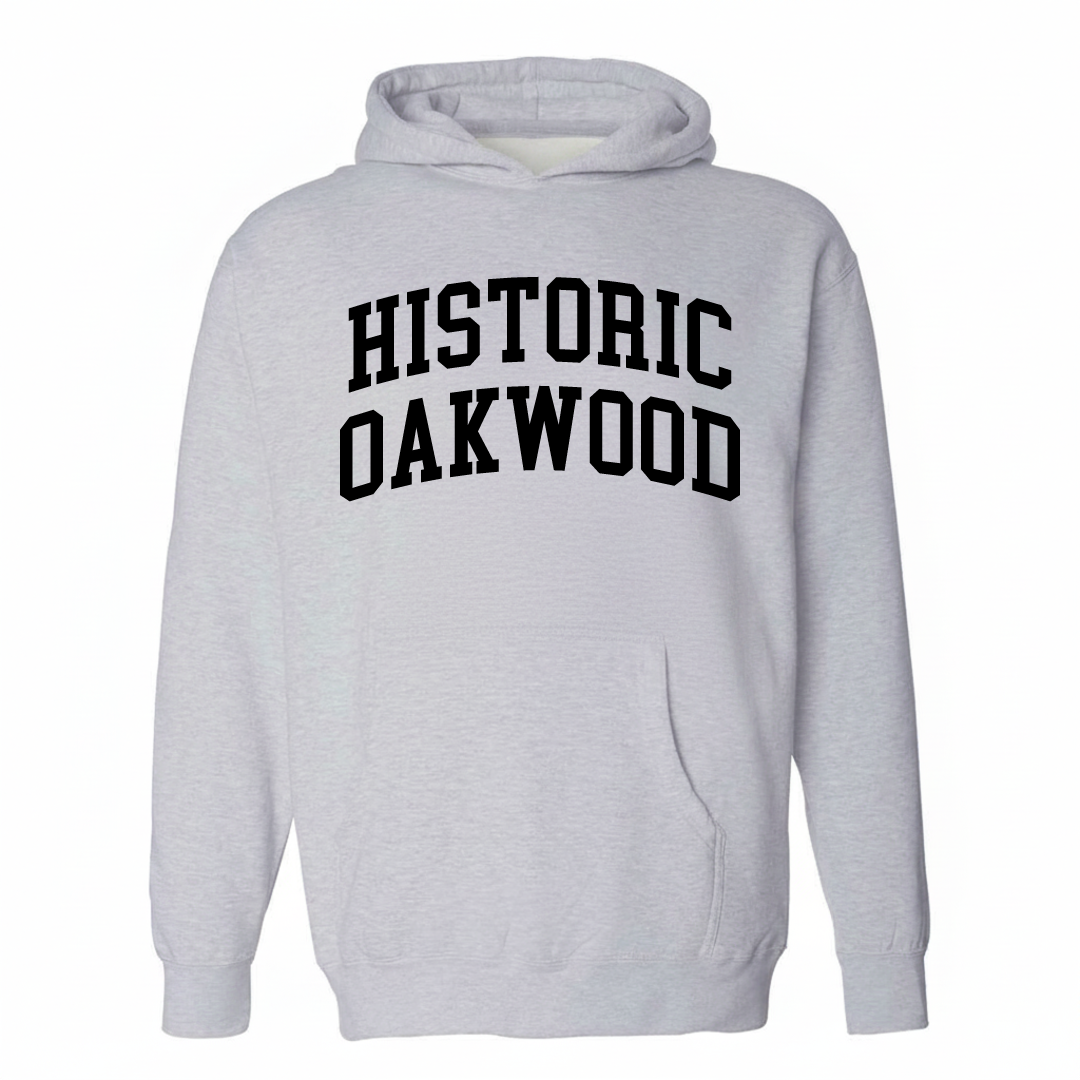 Heather-gray hoodie with the Historic Oakwood varsity arched lettering design on the chest.