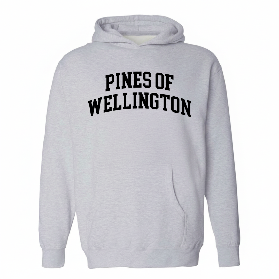 Heather-gray hoodie with the Pines of Wellington varsity arched lettering design on the chest.