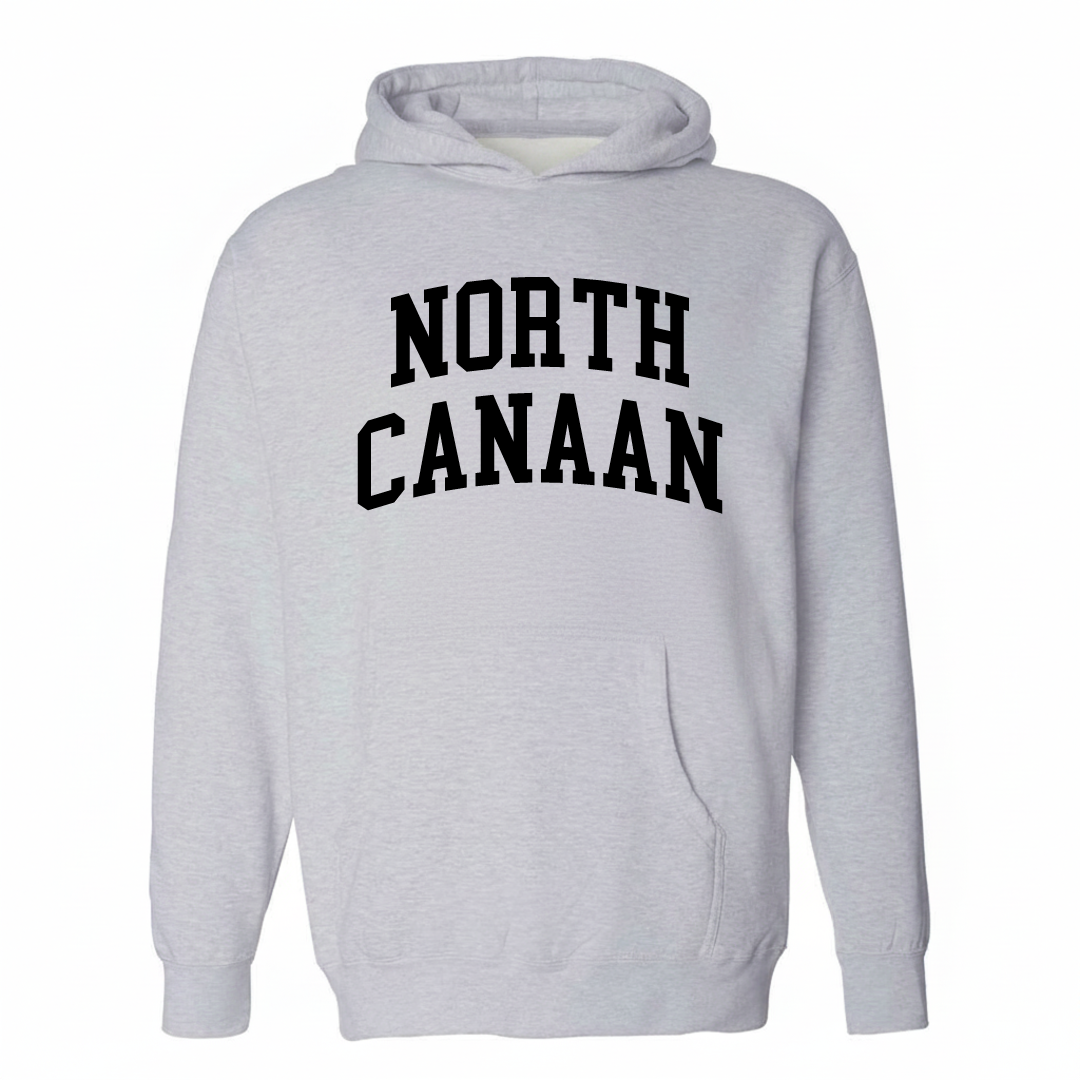 Heather-gray hoodie with the North Canaan varsity arched lettering design on the chest.