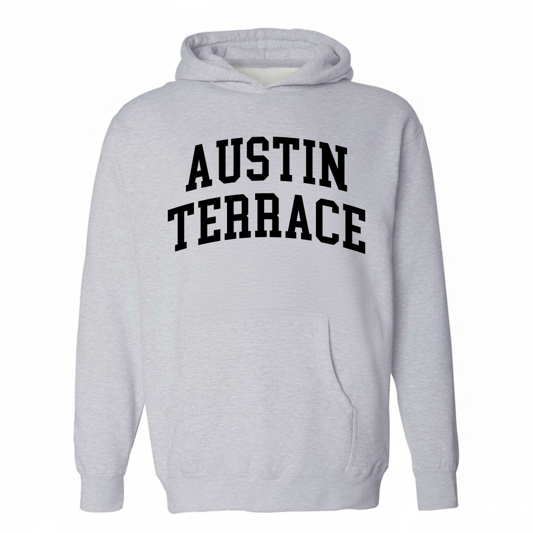 Heather-gray hoodie with the Austin Terrace arched lettering design on the chest.
