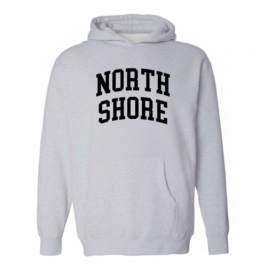 Heather-gray hoodie with the North Shore varsity arched lettering design on the chest.