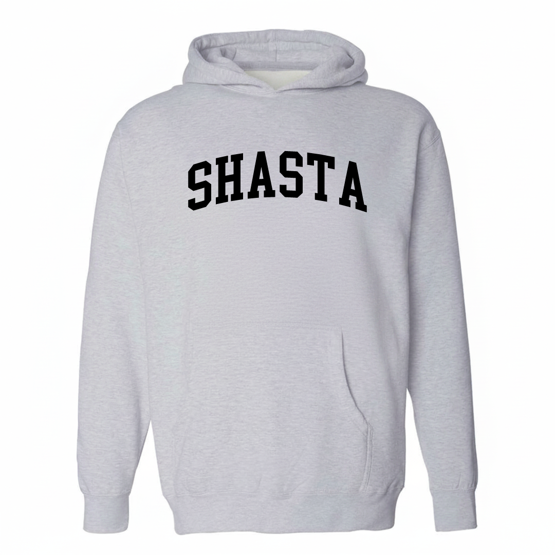 Heather-gray hoodie with the Shasta varsity arched lettering design on the chest.