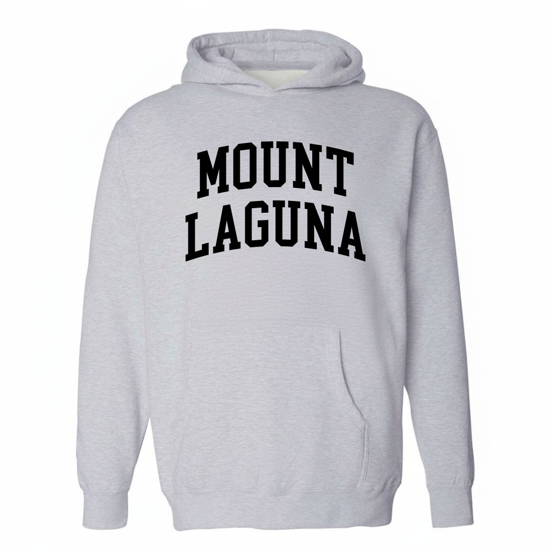 Heather-gray hoodie with the Mount Laguna varsity arched lettering design on the chest.