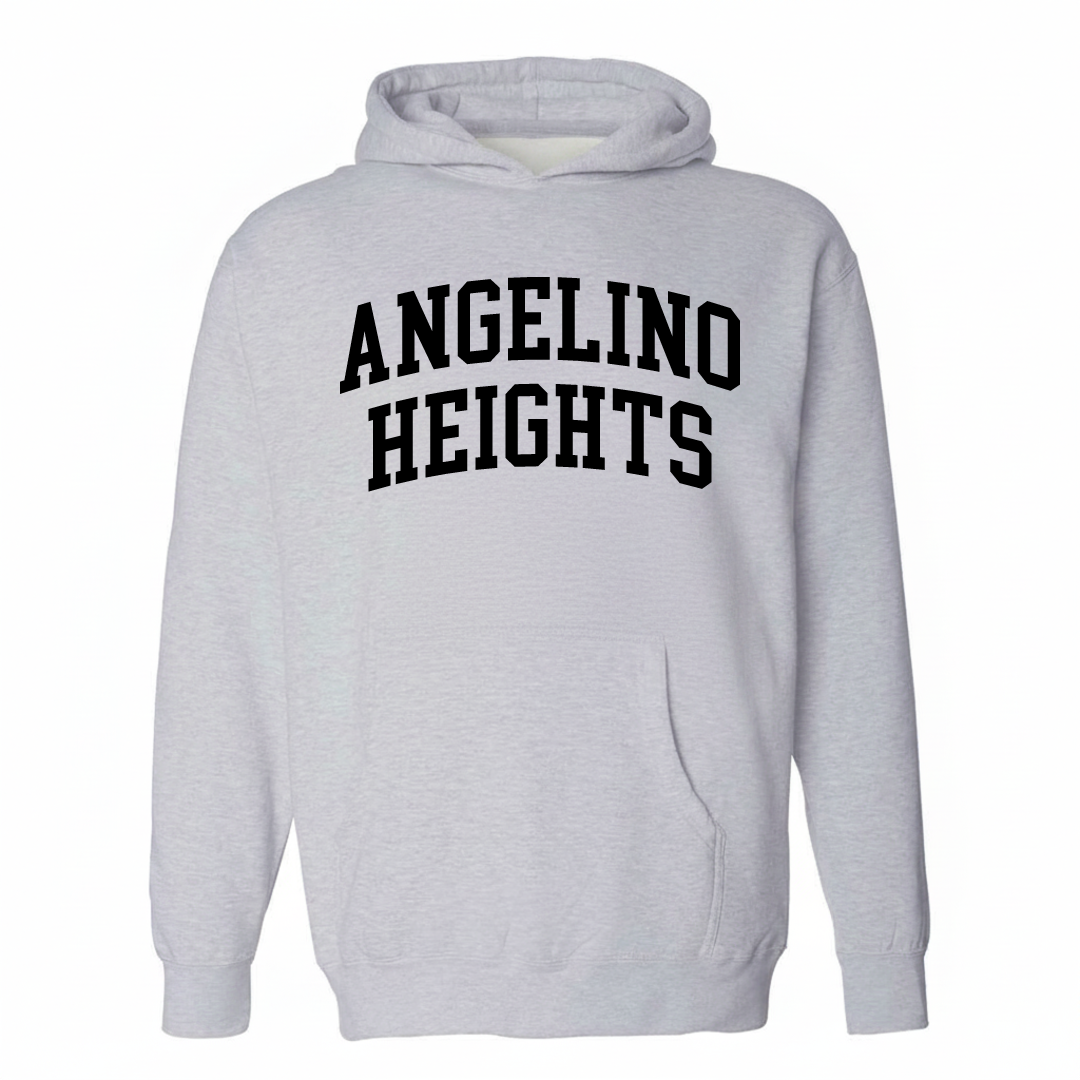 Heather-gray hoodie with the Angelino Heights arched lettering design on the chest.