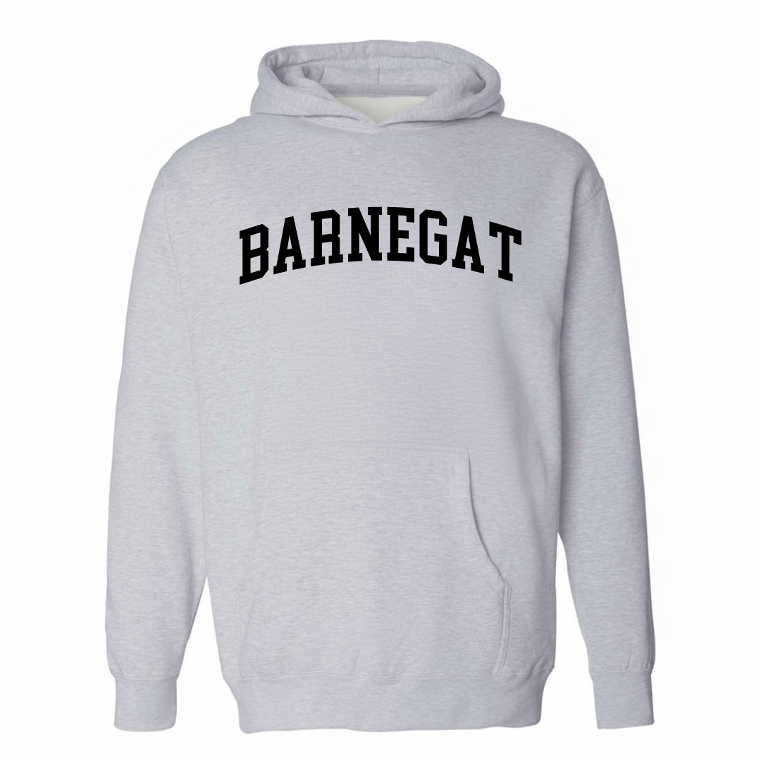 Heather-gray hoodie with the Barnegat varsity arched lettering design on the chest.
