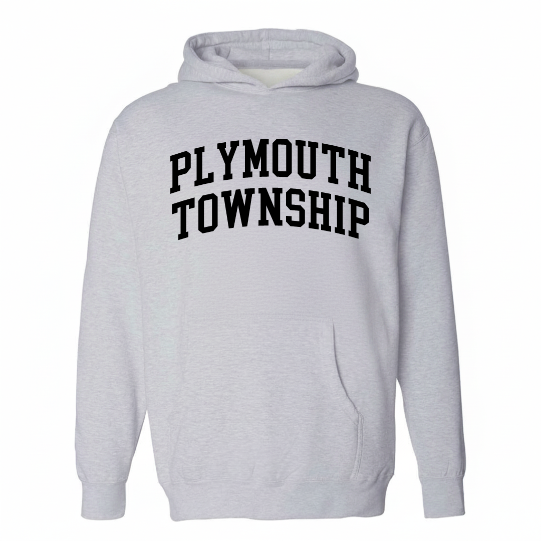 Heather-gray hoodie with the Plymouth Township arched lettering design on the chest.