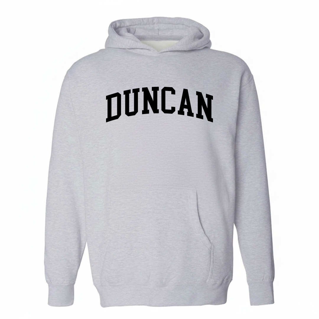 Heather-gray hoodie with the Duncan arched varsity lettering design on the chest.