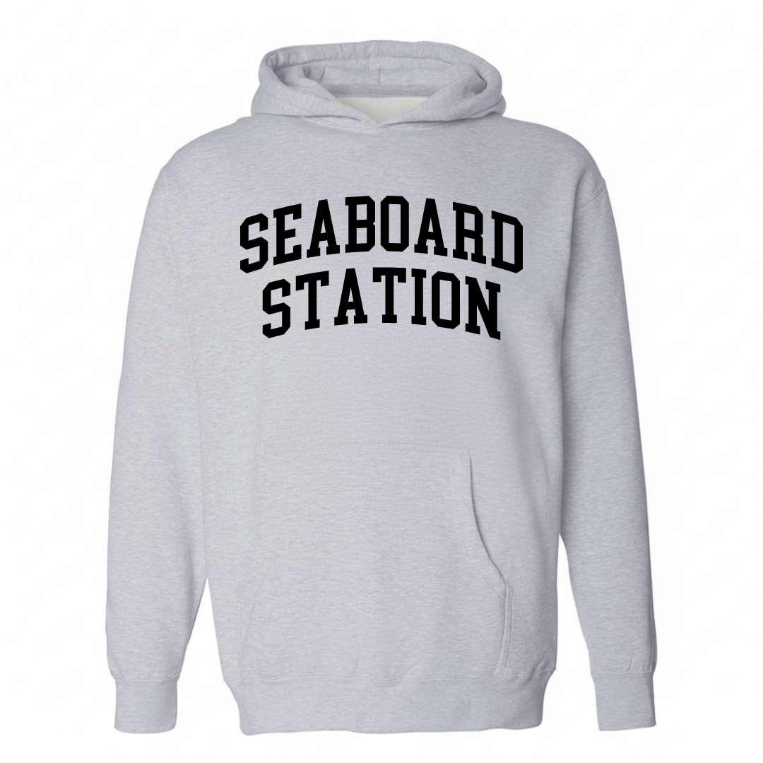 Heather-gray hoodie with the Seaboard Station varsity arched lettering design on the chest.