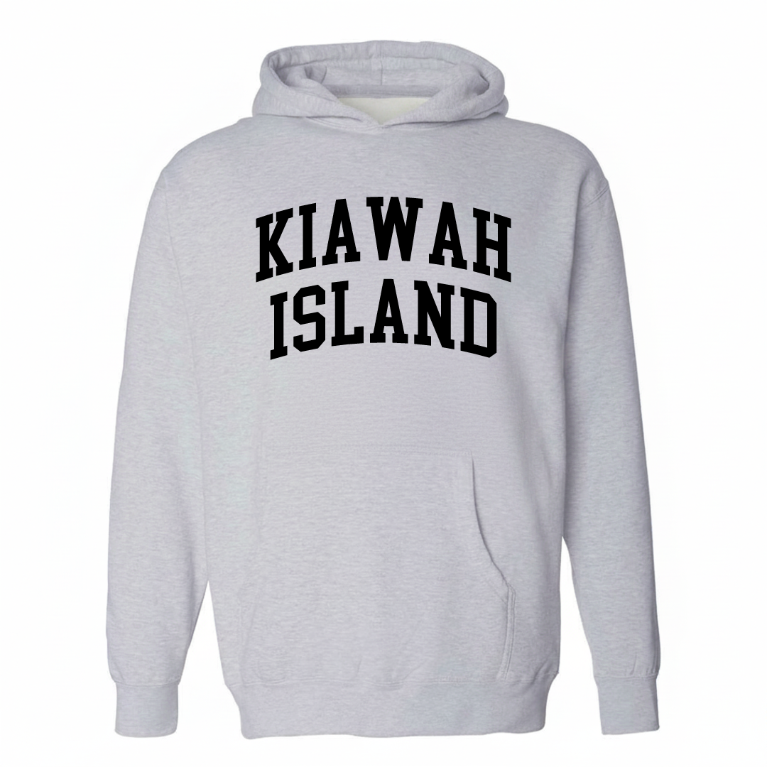 Heather-gray hoodie with the Kiawah Island varsity arched lettering design on the chest.