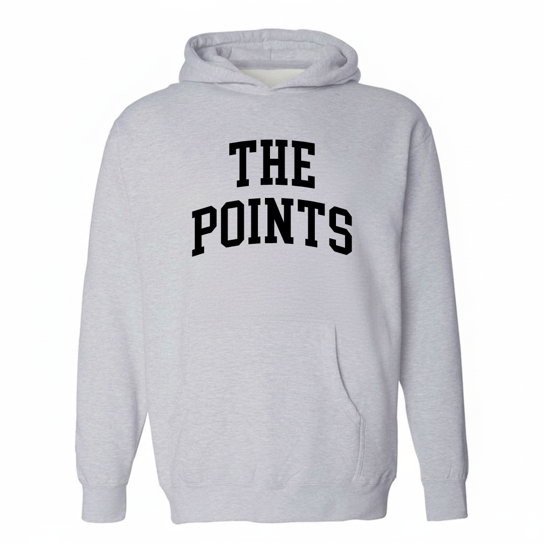Heather-gray hoodie with The Points El Paso varsity arched lettering design on the chest.