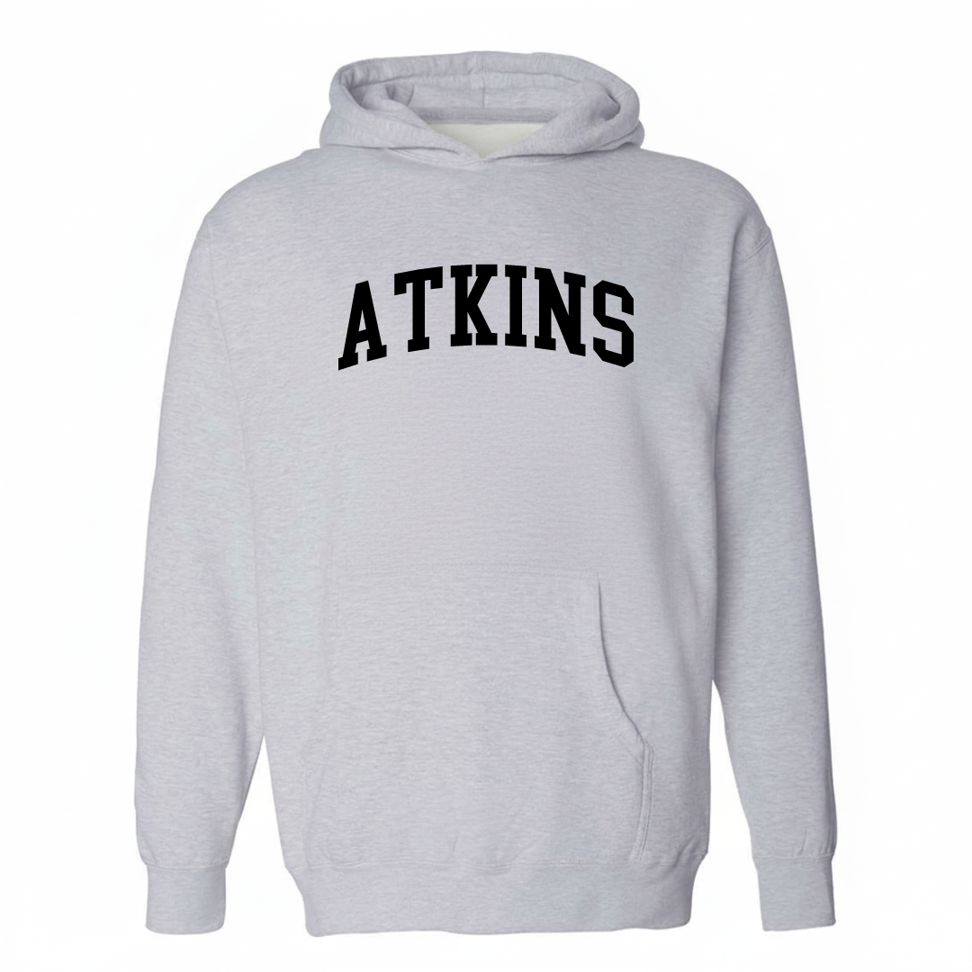 Heather-gray hoodie with the Atkins varsity arched lettering design on the chest.